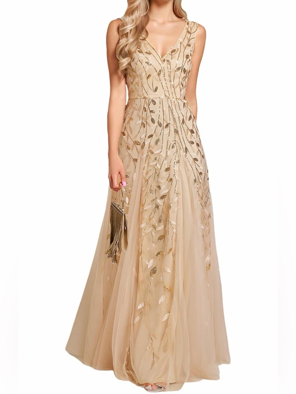 NWT Ever Pretty Champagne V-Neck Tulle Maxi Dress with Gold Leaf Accents, Large
